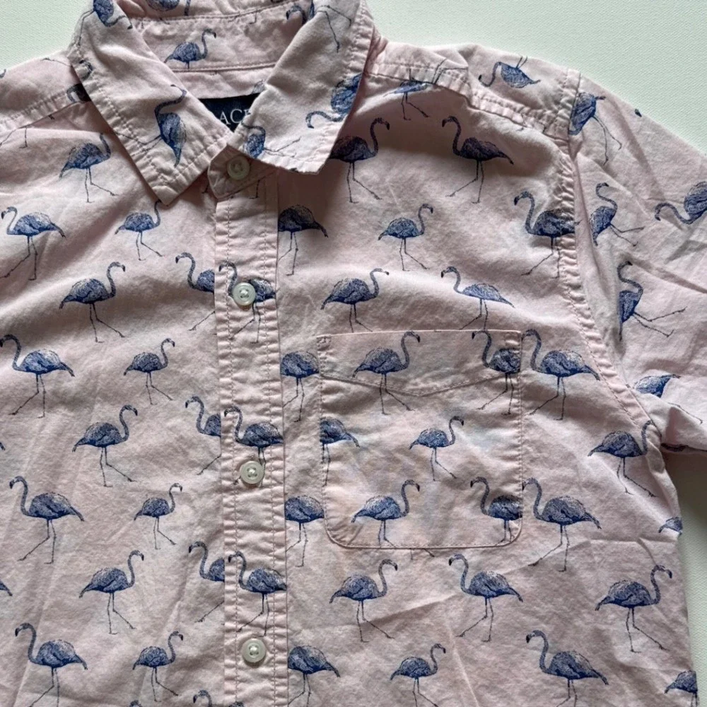 The Childrens Place Boys Pink Flamingo Print  Button Down Shirt 10/12